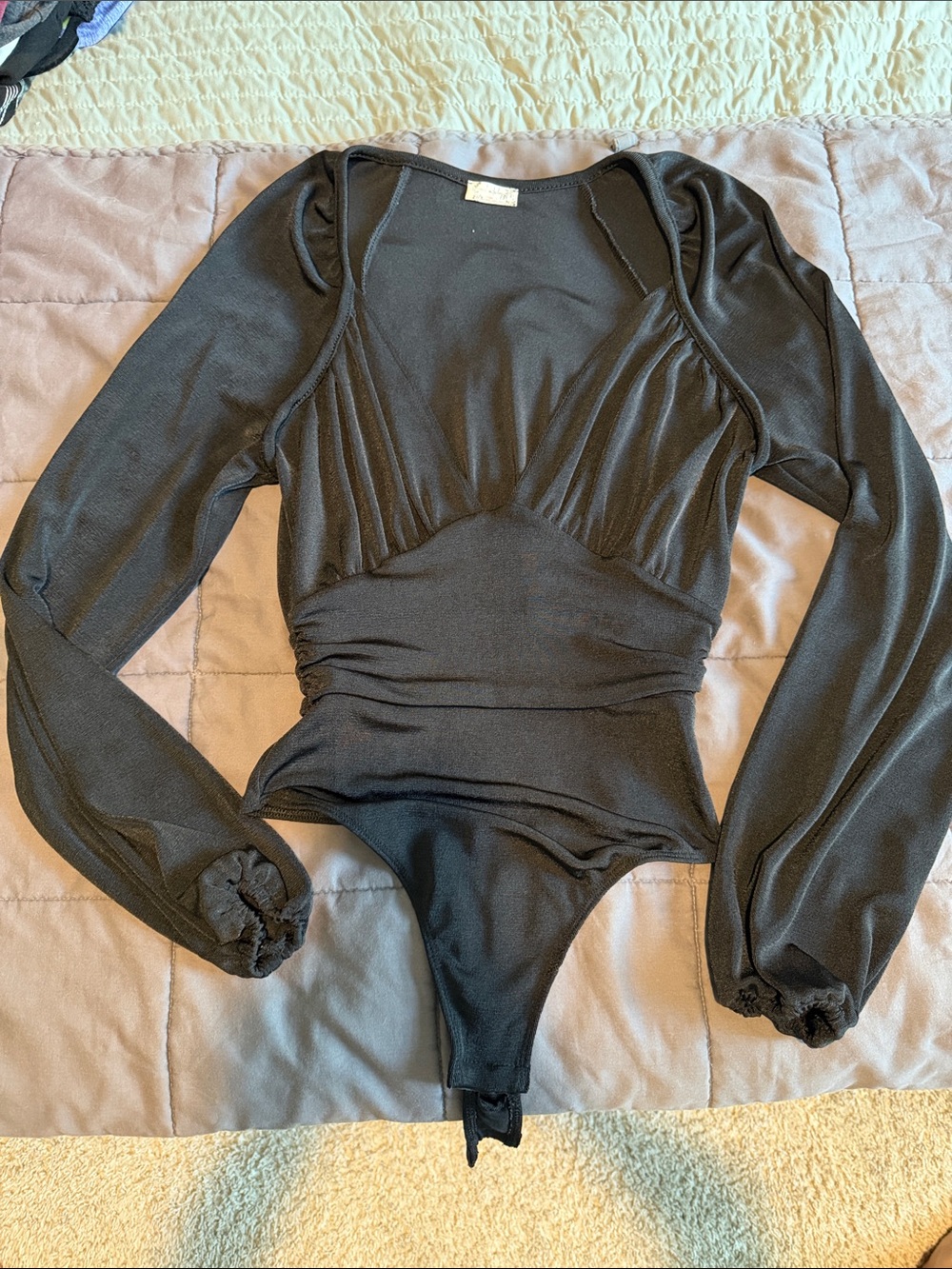Intimately Free People Black Plunge Ruched Long Sleeve Bodysuit XS